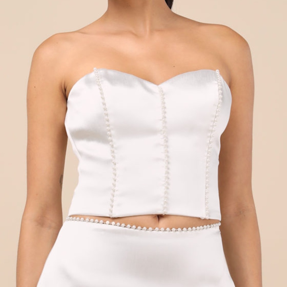 Lulus Megan White Satin Pearl Strapless Crop Top - Size S